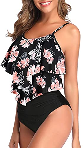 Genfien Swimsuit for Women Two Piece Bathing Suits Ruffled Flounce Top with High Waisted Bottom Bikini Set