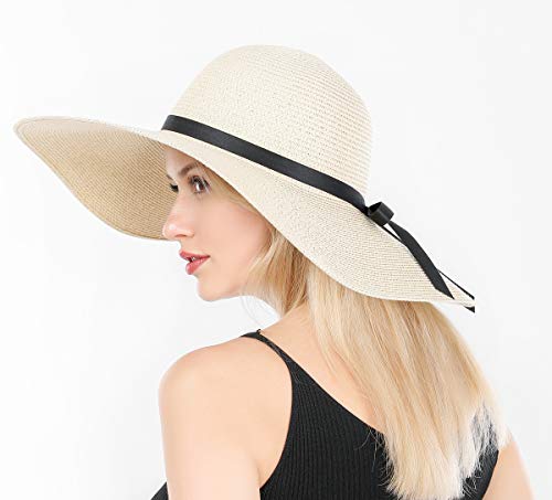 Lanzom Womens 5.5 Inches Wide Brim Straw Hat Floppy Foldable Roll up Cap Beach Sun Hat