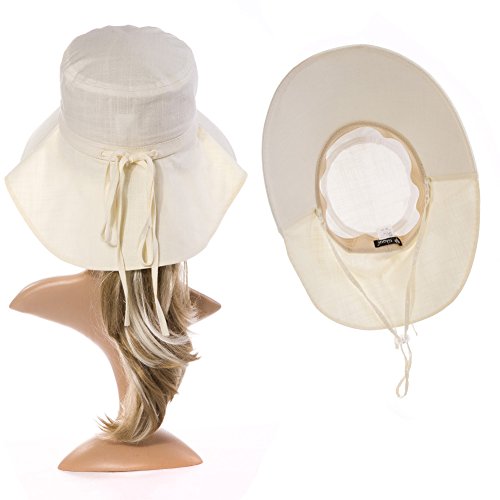 Comhats Ladies Sun Hat Foldable UPF 50 Wide Brim with Neck Protection Summer Spring UV Cotton Safari Gardening Walking Hat with Chin Strap Beige Small