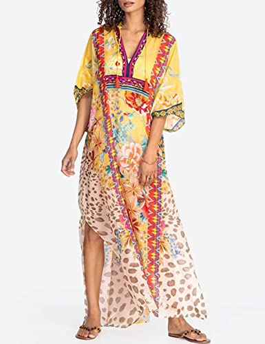 Bsubseach Green Snake Print Loose Kaftan Dress Plus Size Beach Cover Up Half Sleeve Caftan Maxi Dress for Women