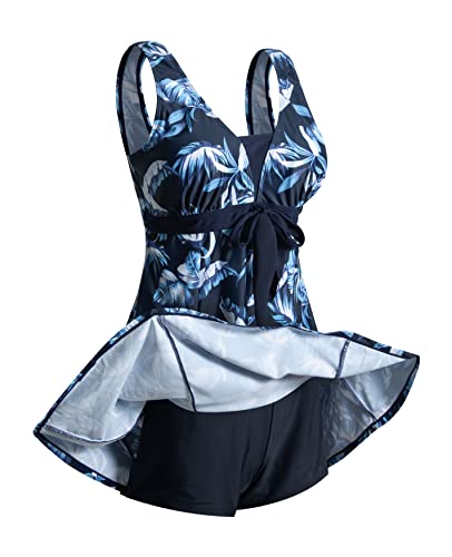 ECUPPER Womens Plus Size Skirted Swimsuit Floral Printed Swimwear Padded Swim Suit Dress with Boy Shorts