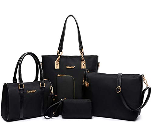 FiveloveTwo Women Ladies 6 Pcs Handbag Set Hobo Top Handle Bag Totes Satchels Crossbody Shoulder Bags and Purse Clutch Black