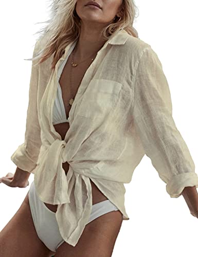 Bsubseach Long Sleeve Beach Shirt Blouses Women Turn Down Collar Bikini Bathing Suit Cover Ups Swimwear Apricot