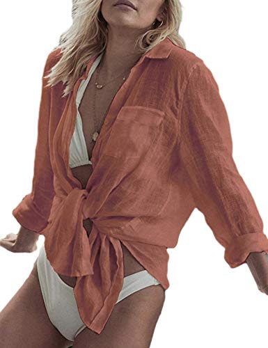 Bsubseach Long Sleeve Beach Shirt Blouses Women Turn Down Collar Bikini Bathing Suit Cover Ups Swimwear Apricot