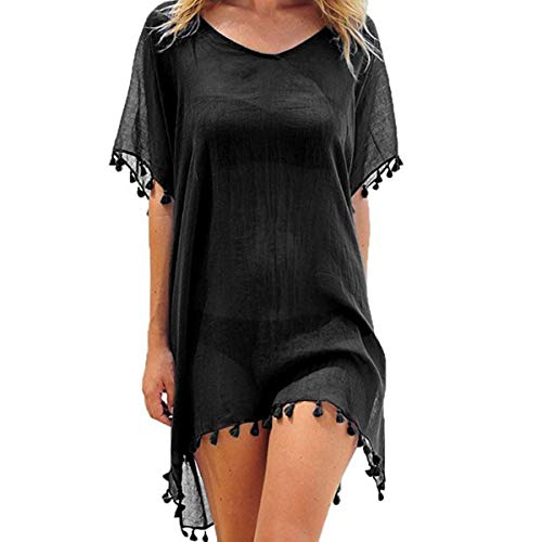 Women's Chiffon Tassel Swimsuit Summer Beach Cover Up Swimwear Dress Beachwear (Black)