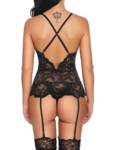 Aranmei Women Sexy Garter Lingerie Set Lace Teddy Bodysuit Deep V Neck Crisscross Back Strap Underwear with Panty