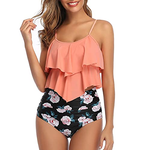 Genfien Swimsuit for Women Two Piece Bathing Suits Ruffled Flounce Top with High Waisted Bottom Bikini Set