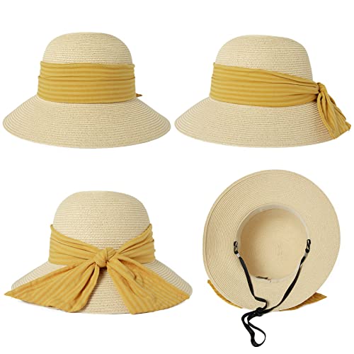 Comhats Sun Hats for Women Foldable UV Protection Large Wide Brimmed Floppy Panama Style Straw Beach Hat Fashionable Fedora Adjustable Beige