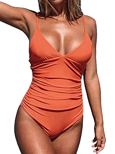 CUPSHE Women Swimsuit One Piece V Neck Tummy Control Ruched Front Low Back Bathing Suit Swimwear