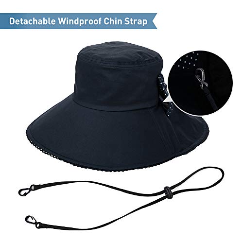 Comhats Ladies Sun Hat Foldable UPF 50 Wide Brim with Neck Protection Summer Spring UV Cotton Safari Gardening Walking Hat with Chin Strap Beige Small