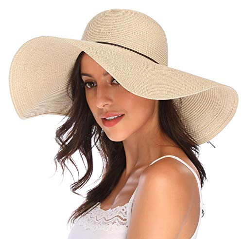 Lanzom Womens 5.5 Inches Wide Brim Straw Hat Floppy Foldable Roll up Cap Beach Sun Hat
