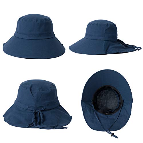 Comhats Ladies Sun Hat Foldable UPF 50 Wide Brim with Neck Protection Summer Spring UV Cotton Safari Gardening Walking Hat with Chin Strap Beige Small