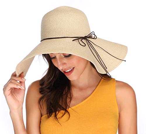 Lanzom Womens 5.5 Inches Wide Brim Straw Hat Floppy Foldable Roll up Cap Beach Sun Hat