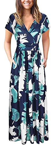 PCEAIIH Women's Maxi Dress Casual Deep V Short Sleeve Floral Ladies Wrap Long Dress with Pockets