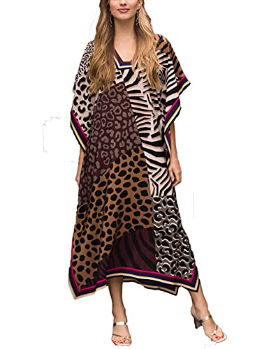 Bsubseach Green Snake Print Loose Kaftan Dress Plus Size Beach Cover Up Half Sleeve Caftan Maxi Dress for Women