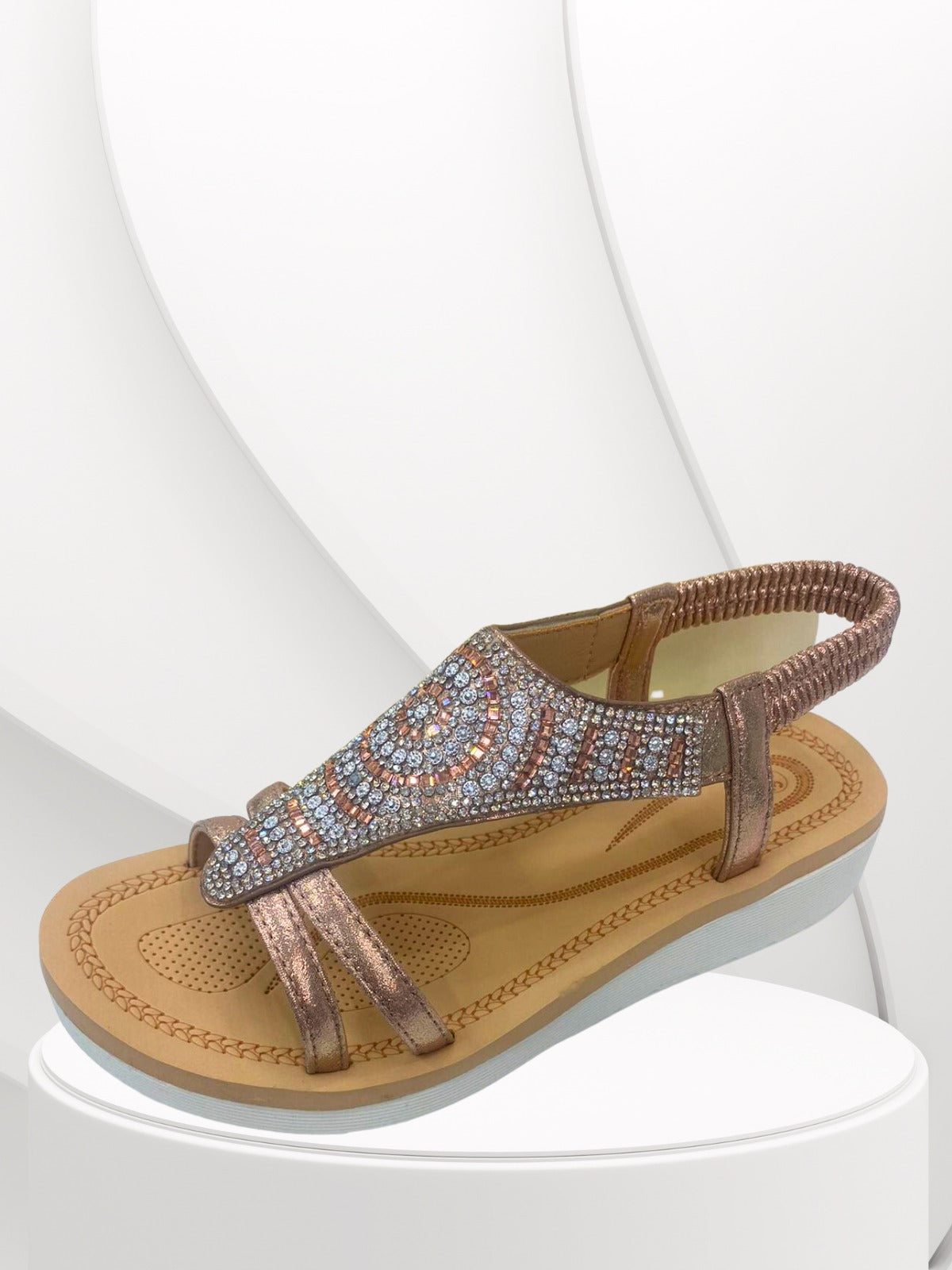 Beige & Silver Diamonds Ring Detailed  Chunky Pull Up Strap Sliders