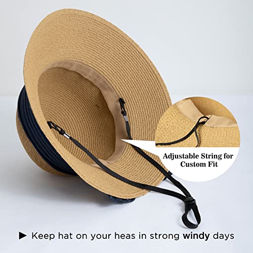 Comhats Sun Hats for Women Foldable UV Protection Large Wide Brimmed Floppy Panama Style Straw Beach Hat Fashionable Fedora Adjustable Beige
