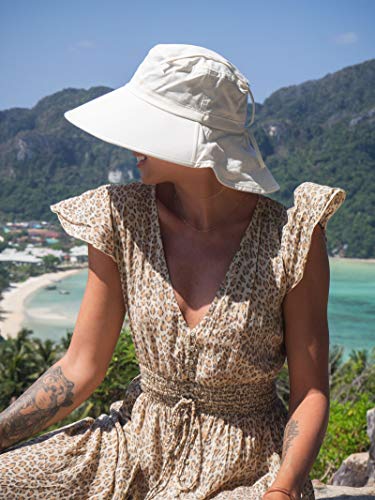 Comhats Ladies Sun Hat Foldable UPF 50 Wide Brim with Neck Protection Summer Spring UV Cotton Safari Gardening Walking Hat with Chin Strap Beige Small