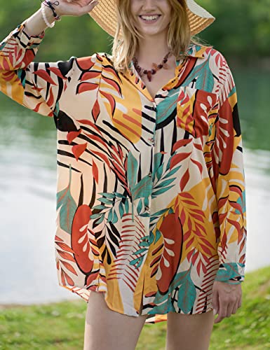 Bsubseach Long Sleeve Beach Shirt Blouses Women Turn Down Collar Bikini Bathing Suit Cover Ups Swimwear Apricot