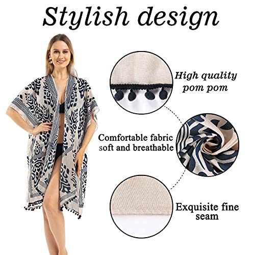 Women Beach Cover Up Kimono Cardigans Pom Pom, Boho Chiffon Sheer Lady Bikini Coverup, Swimsui Pompom Trim, Pool Cardigan Duster, Plus Size Beach Swim Wear, Bathting Suit Swimsuit Swimwear