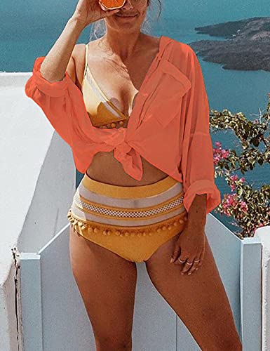 Bsubseach Long Sleeve Beach Shirt Blouses Women Turn Down Collar Bikini Bathing Suit Cover Ups Swimwear Apricot
