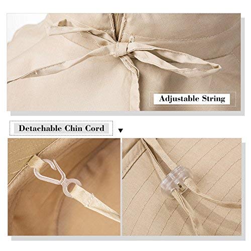 Comhats Ladies Sun Hat Foldable UPF 50 Wide Brim with Neck Protection Summer Spring UV Cotton Safari Gardening Walking Hat with Chin Strap Beige Small