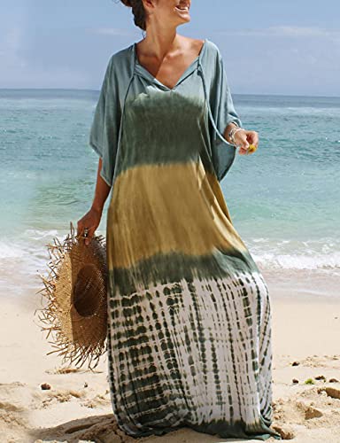 Bsubseach Green Snake Print Loose Kaftan Dress Plus Size Beach Cover Up Half Sleeve Caftan Maxi Dress for Women