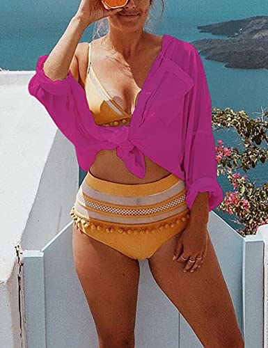 Bsubseach Long Sleeve Beach Shirt Blouses Women Turn Down Collar Bikini Bathing Suit Cover Ups Swimwear Apricot