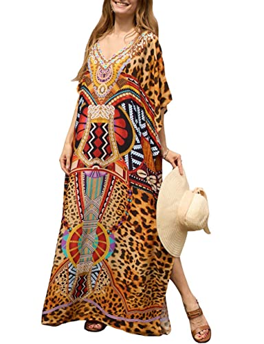 Bsubseach Green Snake Print Loose Kaftan Dress Plus Size Beach Cover Up Half Sleeve Caftan Maxi Dress for Women