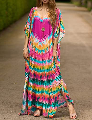 Bsubseach Green Snake Print Loose Kaftan Dress Plus Size Beach Cover Up Half Sleeve Caftan Maxi Dress for Women