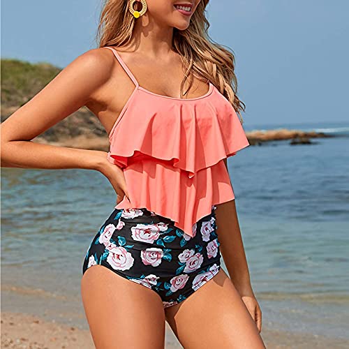 Genfien Swimsuit for Women Two Piece Bathing Suits Ruffled Flounce Top with High Waisted Bottom Bikini Set