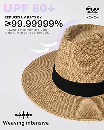 FURTALK Sun Hats for Women Men, Adjustable Summer Panama Fedora Wide Brim Hat UV UPF 50+,Foldable Packable Straw Beach Hat Beige