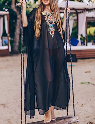 Bsubseach Chiffon Print Shirt Dress Beach Cover Up Loose Turn Down Collar Long Sleeve Bikini Kaftan Cover Ups for Swimwear Women