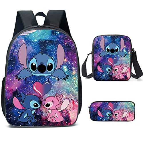 SHANGYE Stitch Backpack with Lunch Bag Pencil Case, 3Pcs Kid Bookbags Set, 3D Printed Travel Rucksacks Kids School Bag
