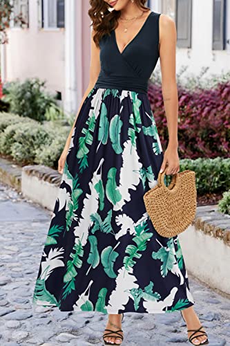 OUGES Women's Summer Casual V Neck Short Sleeve Floral Pattern Wrap Ladies Maxi Long Dress with Pockets