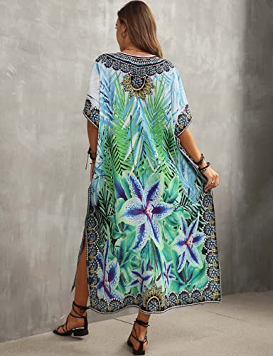 Bsubseach Green Snake Print Loose Kaftan Dress Plus Size Beach Cover Up Half Sleeve Caftan Maxi Dress for Women