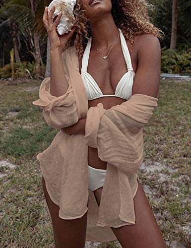 Bsubseach Long Sleeve Beach Shirt Blouses Women Turn Down Collar Bikini Bathing Suit Cover Ups Swimwear Apricot
