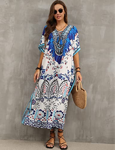 Bsubseach Green Snake Print Loose Kaftan Dress Plus Size Beach Cover Up Half Sleeve Caftan Maxi Dress for Women