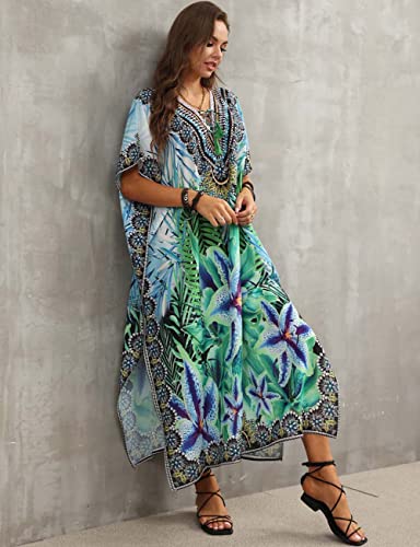 Bsubseach Green Snake Print Loose Kaftan Dress Plus Size Beach Cover Up Half Sleeve Caftan Maxi Dress for Women
