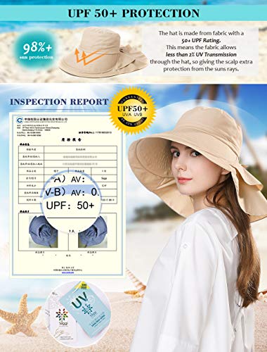 Comhats Ladies Sun Hat Foldable UPF 50 Wide Brim with Neck Protection Summer Spring UV Cotton Safari Gardening Walking Hat with Chin Strap Beige Small