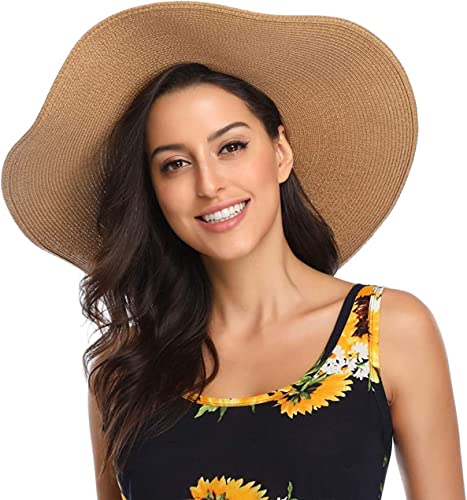 Lanzom Womens 5.5 Inches Wide Brim Straw Hat Floppy Foldable Roll up Cap Beach Sun Hat
