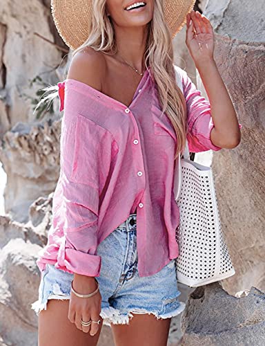 Bsubseach Women Casual Navy Turn Down Collar Bikini Bathing Suit Cover Ups Long Sleeve Beach Cover Up with Pockets