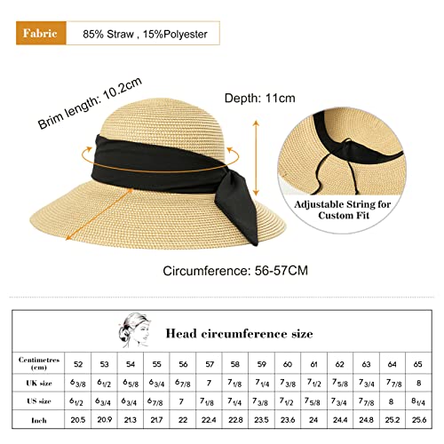 Comhats Sun Hats for Women Foldable UV Protection Large Wide Brimmed Floppy Panama Style Straw Beach Hat Fashionable Fedora Adjustable Beige