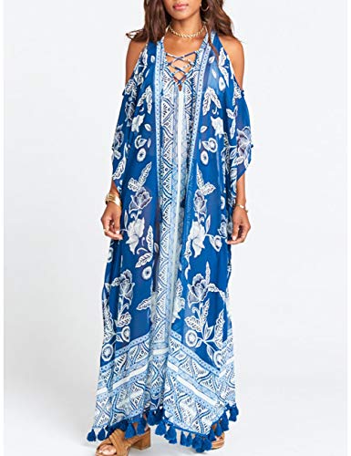 Bsubseach Chiffon Print Shirt Dress Beach Cover Up Loose Turn Down Collar Long Sleeve Bikini Kaftan Cover Ups for Swimwear Women