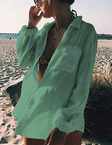 Bsubseach Long Sleeve Beach Shirt Blouses Women Turn Down Collar Bikini Bathing Suit Cover Ups Swimwear Apricot