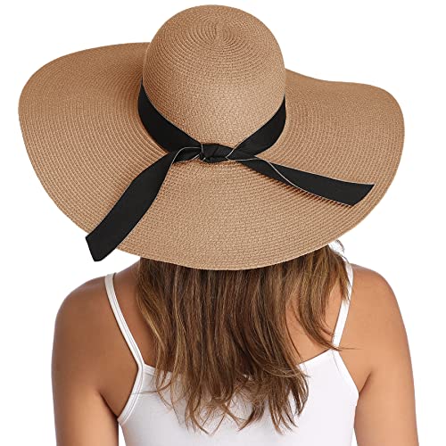 Lanzom Womens 5.5 Inches Wide Brim Straw Hat Floppy Foldable Roll up Cap Beach Sun Hat