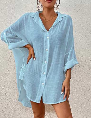 Bsubseach Women Casual Navy Turn Down Collar Bikini Bathing Suit Cover Ups Long Sleeve Beach Cover Up with Pockets