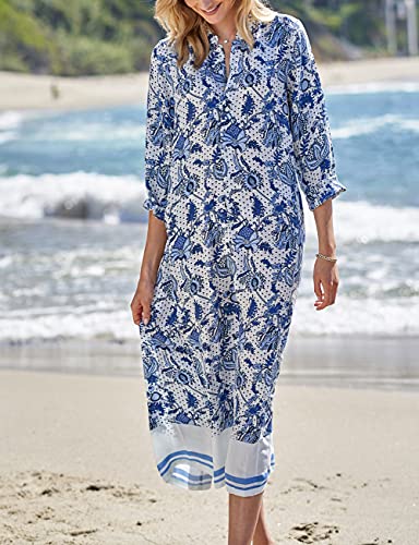 Bsubseach Chiffon Print Shirt Dress Beach Cover Up Loose Turn Down Collar Long Sleeve Bikini Kaftan Cover Ups for Swimwear Women