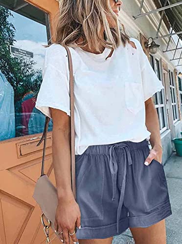 comefohome Womens Drawstring Shorts Summer Cotton Elastic Waist Solid Color Casual Shorts UK with Pockets Blue M