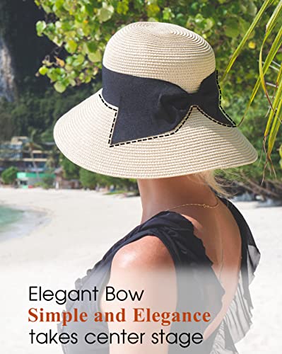 Comhats Sun Hats for Women Foldable UV Protection Large Wide Brimmed Floppy Panama Style Straw Beach Hat Fashionable Fedora Adjustable Beige